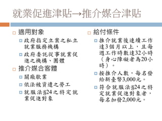 就業促進津貼→推介媒合津貼
 適用對象
 政府指定立案之私立
就業服務機構
 政府委託從事就業促
進之機構、團體
 推介媒合客體
 關廠歇業
 依法被資遣之勞工
 就服法§24之特定就
業促進對象
 給付條件
 推介就業後連續工作
達3個月以上，且每
週工作時數達32小時
（身心障礙者為20小
時）。
 按推介人數，每名發
給新臺幣3,000元。
 符合就服法§24之特
定就業促進對象者，
每名加發2,000元。
 