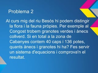 Problema 2
Al curs mig del riu Besós hi podem distingir
la flora i la fauna pròpies. Per exemple al
Congost trobem granotes verdes i ànecs
collverd. Si en total a la zona de
Cabanyes contem 40 caps i 136 potes,
quants ànecs i granotes hi ha? Fes servir
un sistema d'equacions i comprova'n el
resultat.
 