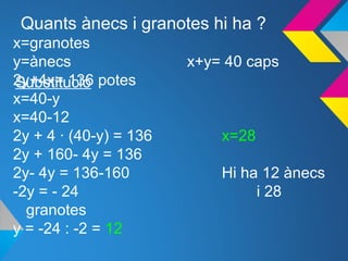 Quants ànecs i granotes hi ha ?
x=granotes
y=ànecs x+y= 40 caps
2y+4x= 136 potes
x=40-y
x=40-12
2y + 4 · (40-y) = 136 x=28
2y + 160- 4y = 136
2y- 4y = 136-160 Hi ha 12 ànecs
-2y = - 24 i 28
granotes
y = -24 : -2 = 12
Substitució
 