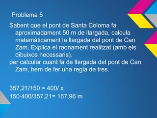 Problema 5
Sabent que el pont de Santa Coloma fa
aproximadament 50 m de llargada, calcula
matemàticament la llargada del pont de Can
Zam. Explica el raonament realitzat (amb els
dibuixos necessaris).
per calcular cuant fa de llargada del pont de Can
Zam, hem de fer una regla de tres.
357,21/150 = 400/ x
150·400/357,21= 167,96 m
 