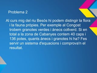 Problema 2
Al curs mig del riu Besós hi podem distingir la flora
i la fauna pròpies. Per exemple al Congost
trobem granotes verdes i ànecs collverd. Si en
total a la zona de Cabanyes contem 40 caps i
136 potes, quants ànecs i granotes hi ha? Fes
servir un sistema d'equacions i comprova'n el
resultat.
 