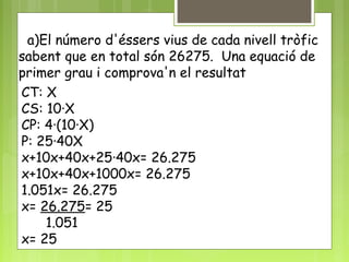 a)El número d'éssers vius de cada nivell tròfic
sabent que en total són 26275. Una equació de
primer grau i comprova'n el resultat
CT: X
CS: 10·X
CP: 4·(10·X)
P: 25·40X
x+10x+40x+25·40x= 26.275
x+10x+40x+1000x= 26.275
1.051x= 26.275
x= 26.275= 25
1.051
x= 25
 
