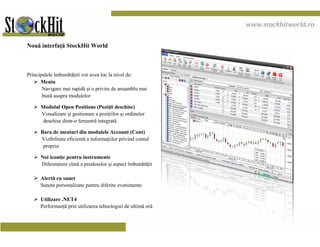 Nouă interfaŃă StockHit World



Principalele îmbunătăŃiri vor avea loc la nivel de:
      Meniu
       Navigare mai rapidă şi o privire de ansamblu mai
       bună asupra modulelor

      Modulul Open Positions (PoziŃii deschise)
      Vizualizare şi gestionare a poziŃiilor şi ordinelor
       deschise dintr-o fereastră integrată

      Bara de meniuri din modulele Account (Cont)
      Vizibilitate eficientă a informaŃiilor privind contul
       propriu

      Noi iconiŃe pentru instrumente
      DiferenŃiere clară a produselor şi aspect îmbunătăŃit

      Alertă cu sunet
      Sunete personalizate pentru diferite evenimente

      Utilizare .NET4
                                                              1
      PerformanŃă prin utilizarea tehnologiei de ultimă oră
 