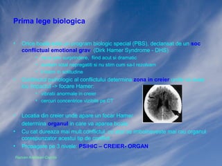 Prima lege biologica
•

Orice boala este un program biologic special (PBS), declansat de un soc
conflictual emotional grav (Dirk Hamer Syndrome - DHS)
• ne ia prin surprindere, fiind acut si dramatic
• suntem total nepregatiti si nu stim cum sa-l rezolvam
• il traim in solitudine

•

Continutul psihologic al conflictului determina zona in creier unde va avea
loc impactul -> focare Hamer:
• vibratii anormale in creier
• cercuri concentrice vizibile pe CT

•
•
•

Locatia din creier unde apare un focar Hamer
determina organul in care va aparea boala
Cu cat dureaza mai mult conflictul, cu atat se imbolnaveste mai rau organul
corespunzator acestui tip de conflict
Propagare pe 3 nivele: PSIHIC – CREIER- ORGAN

Razvan Ardelean-Caprita

 