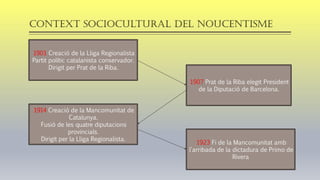 Context sociocultural del NOUCENTISME
1901 Creació de la Lliga Regionalista
Partit polític catalanista conservador.
Dirigit per Prat de la Riba.
1907 Prat de la Riba elegit President
de la Diputació de Barcelona.
1914 Creació de la Mancomunitat de
Catalunya.
Fusió de les quatre diputacions
provincials.
Dirigit per la Lliga Regionalista.
1923 Fi de la Mancomunitat amb
l'arribada de la dictadura de Primo de
Rivera
 