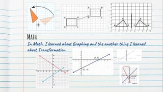 Math
In Math, I learned about Graphing and the another thing I learned
about Transformation.
 