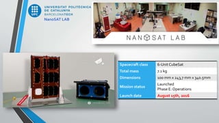 Spacecraft class 6-Unit CubeSat
Total mass 7.1 kg
Dimensions 100 mm x 243,7 mm x 340.5mm
Mission status
Launched
Phase E: Operations
Launch date August 15th, 2016
NanoSAT LAB
 