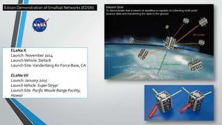Edison Demonstration of Smallsat Networks (EDSN)
ELaNa X
Launch: November 2014
LaunchVehicle: Delta II
Launch Site:Vandenberg Air Force Base, CA
ELaNaVII
Launch: January 2015
Launch Vehicle: Super Strypi
Launch Site: Pacific Missile Range Facility,
Hawaii
 