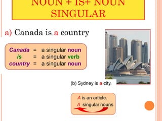 NOUN + IS+ NOUN
        SINGULAR
a) Canada is a country
 