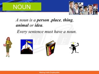 NOUN
A noun is a person ,place, thing,
animal or idea.
Every sentence must have a noun.
 