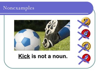 Nonexamples
Kick
Kick is not a noun.
is not a noun.
X
X
X
X
 