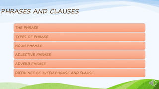 PHRASES AND CLAUSES
THE PHRASE
TYPES OF PHRASE
NOUN PHRASE
ADJECTIVE PHRASE
ADVERB PHRASE
DIFFRENCE BETWEEN PHRASE AND CLA...
