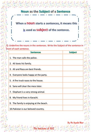 Q: Underline the nouns in the sentences. Write the Subject of the sentence in
front of each sentence.
1. The man calls the police.
2. Ali loves his family.
3. Ali and Raza are best friends.
4. Everyone looks happy at the party.
5. A fire truck races to the house.
6. Sana will clear the mess later.
7. Elephant is a very strong animal.
8. My friend lives in Karachi.
9. The family is enjoying at the beach.
10.Pakistan is our beloved country.
 