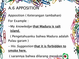A.6 APPOSITION 
Apposition ( Keterangan tambahan) 
For Example : 
-My knowledge that Madura is salt 
island. 
( Pengetahua...