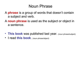 Noun Phrase
A phrase is a group of words that doesn’t contain
a subject and verb.
A noun phrase is used as the subject or object in
a sentence.
• This book was published last year. (noun phrase/subject)
• I read this book. (noun phrase/object)
 