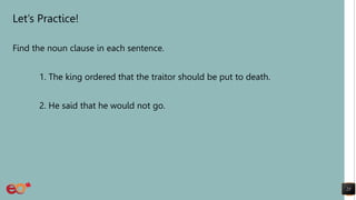 Let’s Practice!
Find the noun clause in each sentence.
1. The king ordered that the traitor should be put to death.
2. He said that he would not go.
25
 