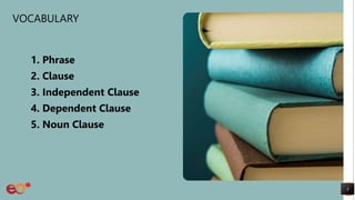 VOCABULARY
1. Phrase
2. Clause
3. Independent Clause
4. Dependent Clause
5. Noun Clause
3
 