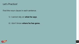 Let’s Practice!
Find the noun clause in each sentence.
5. I cannot rely on what he says.
6. I don’t know where he has gone.
30
 