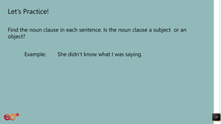 Let’s Practice!
Find the noun clause in each sentence. Is the noun clause a subject or an
object?
Example: She didn’t know what I was saying.
39
 