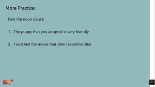 More Practice:
Find the noun clause:
1. The puppy that you adopted is very friendly.
2. I watched the movie that John recommended.
56
 