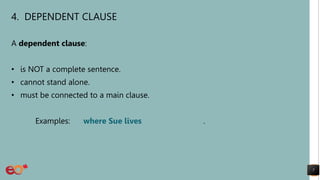 4. DEPENDENT CLAUSE
A dependent clause:
• is NOT a complete sentence.
• cannot stand alone.
• must be connected to a main clause.
Examples: where Sue lives .
7
 