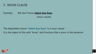 5. NOUN CLAUSE
Example: We don’t know where Sue lives.
(noun clause)
The dependent clause “where Sue lives” is a noun clause.
It is the object of the verb “know” and functions like a noun in the sentence.
.
8
 