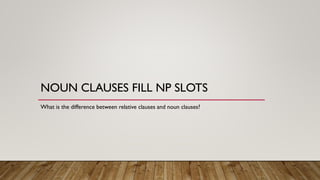 NOUN CLAUSES FILL NP SLOTS
What is the difference between relative clauses and noun clauses?
 