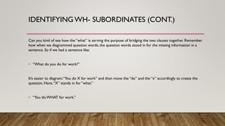 IDENTIFYING WH- SUBORDINATES (CONT.)
Can you kind of see how the “what” is serving the purpose of bridging the two clauses together. Remember
how when we diagrammed question words, the question words stood in for the missing information in a
sentence. So if we had a sentence like:
• “What do you do for work?”
It’s easier to diagram:“You do X for work” and then move the “do” and the “x” accordingly to create the
question. Here,“X” stands in for “what.”
• “You doWHAT for work.”
 