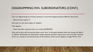 DIAGRAMMING WH- SUBORDINATORS (CONT.)
If you are diagramming one of these sentences, I recommend diagramming the different clauses first:
• Bloom’s book explains X
And treat X as the direct object of “explains.”
Then diagram:
• Rock music fills a spiritual void in our society SOMEHOW.
Once you’re done with the second clause, move “how” to the space between these two clauses and label it
as “Subord.” Remember, the Subordinator simple attaches the Noun Clause (how rock music fills a spiritual
void in our society) to the dominant part of the sentence. Check out the diagram on page 190 for more.
 