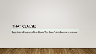 THAT CLAUSES
Subordinators, Diagramming Noun Clauses,“That Clauses” at the Beginning of Sentences
 