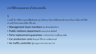 การใช้คานามหลายๆ ตัวประกอบกัน
5
บำงครั้ง มีกำรใช้คำนำมสำมสี่ตัวด้วยกัน อย่ำงไรก็ตำม ไม่น่ำจะใช้เกินสำมตัว เพรำะเกินกว่ำนั้นอำจทำให้ทำ
ควำมเข้ำใจควำมหมำยได้ยำกขึ้น เช่น
• Management team members สมำชิกของทีมบริหำร
• Public relations department แผนกประชำสัมพันธ์
• Parts replacement guarantee กำรรับประกันกำรเปลี่ยนอำหลั่ย
• Car production costs ต้นทุนค่ำใช้จ่ำยกำรผลิตรถยนต์
• Air traffic controller ผู้ควบคุมกำรจรำจรทำงอำกำศ
 