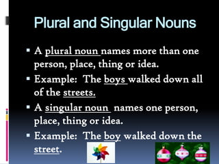 Plural and Singular NounsA plural noun names more than one person, place, thing or idea. Example:  The boys walked down all of the streets.A singular noun  names one person, place, thing or idea.Example:  The boy walked down the street.
