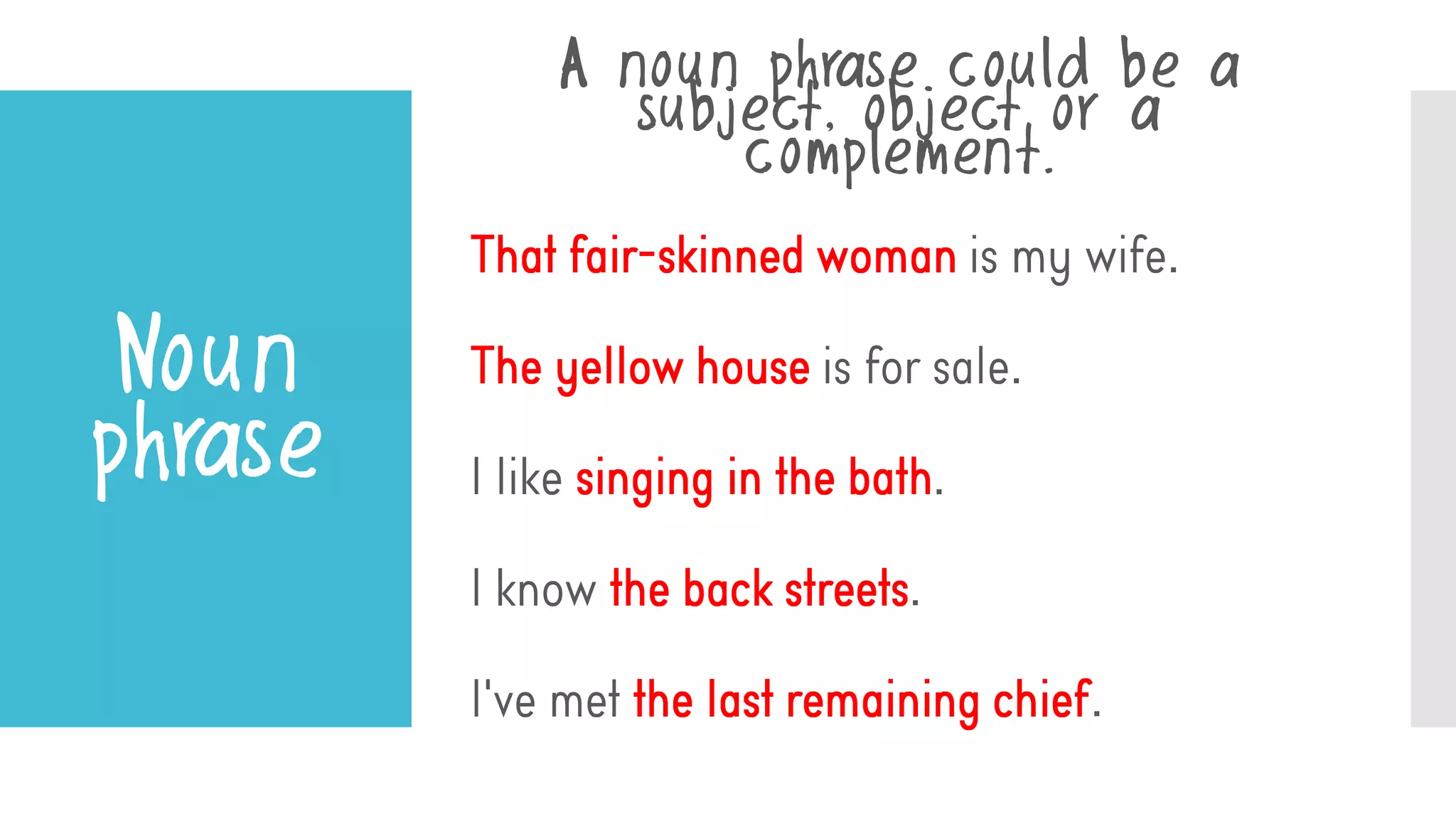 Noun
phrase
A noun phrase could be a
subject, object or a
complement.
.
.
.
.
.
 
