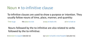 Noun + to-infinitive clause
To-infinitive clauses are used to show a purpose or intention. They
usually follow nouns of time, place, manner, and quantity:
Time to go the place to visit a way to look at it a lot to look at
Nouns followed by the to-infinitive are also related to verbs
followed by the to-infinitive:
A decision to expand (decide to) our plan to build a new hospital (we plan to)
 