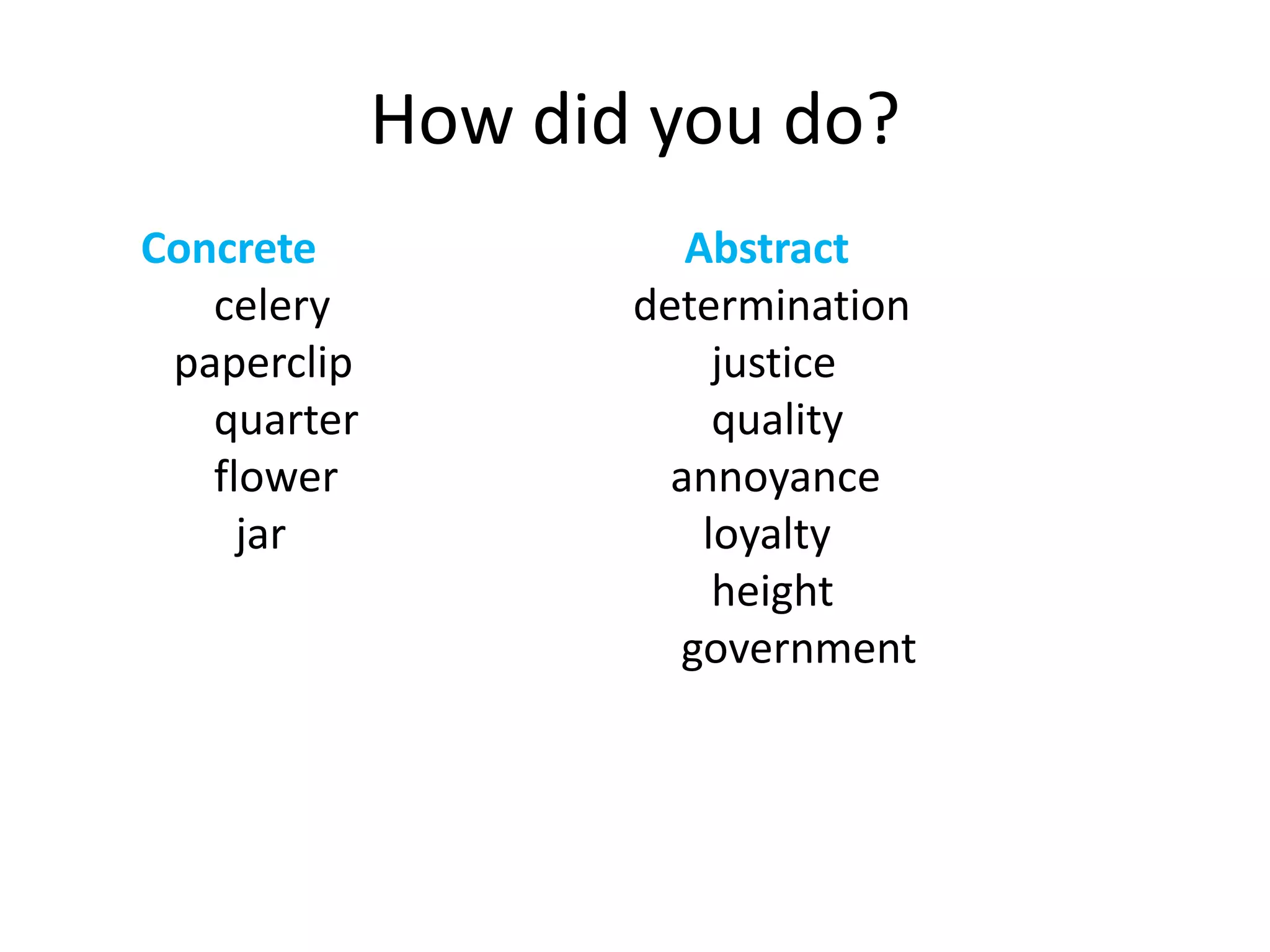 Concrete Abstract		 celery determination 	 paperclip    			justice		 quarter 		 	quality			 flower 		        annoyance			   jar  			           loyalty		  				height						         government How did you do?