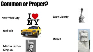 New York City proper
taxi cab
common
Martin Luther
King, Jr.
proper
Lady Liberty proper
statue common
Common or Proper?