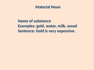 Material Sentence. Example Comprehensive Guide to Nouns: Types and Examples in English Grammar | PPTX