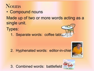 • Compound nouns
Made up of two or more words acting as a
single unit.
Types:
1. Separate words: coffee table
2. Hyphenated words: editor-in-chief
3. Combined words: battlefield
Nouns
 