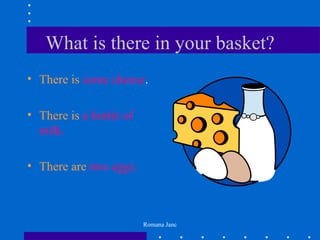 What is there in your basket?
• There is some cheese.

• There is a bottle of
  milk.

• There are two eggs.



                         Romana Janc
 