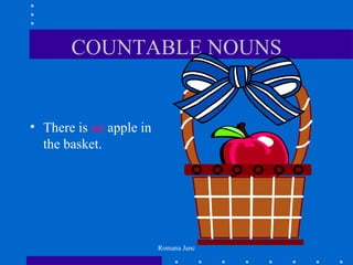 COUNTABLE NOUNS


• There is an apple in
  the basket.




                         Romana Janc
 