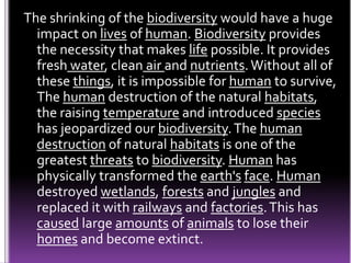 The shrinking of the biodiversity would have a huge
impact on lives of human. Biodiversity provides
the necessity that makes life possible. It provides
fresh water, clean air and nutrients.Without all of
these things, it is impossible for human to survive,
The human destruction of the natural habitats,
the raising temperature and introduced species
has jeopardized our biodiversity.The human
destruction of natural habitats is one of the
greatest threats to biodiversity. Human has
physically transformed the earth's face. Human
destroyed wetlands, forests and jungles and
replaced it with railways and factories.This has
caused large amounts of animals to lose their
homes and become extinct.
 