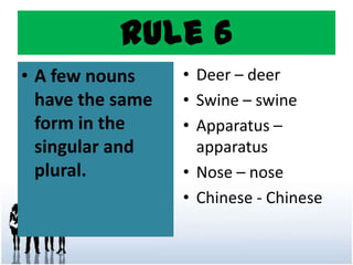 Rule 6
• A few nouns
have the same
form in the
singular and
plural.
• Deer – deer
• Swine – swine
• Apparatus –
apparatus
• Nose – nose
• Chinese - Chinese
 
