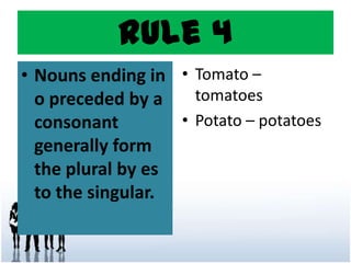 Rule 4
• Nouns ending in
o preceded by a
consonant
generally form
the plural by es
to the singular.
• Tomato –
tomatoes
• Potato – potatoes
 
