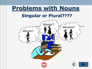 Problems with Nouns
Singular or Plural????
Women?
Woman?

Womans?

 