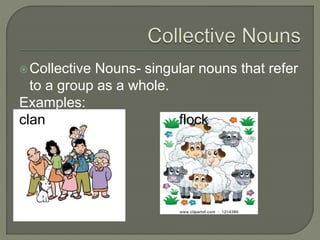 Collective Nouns- singular nouns that refer 
to a group as a whole. 
Examples: 
clan flock 
 