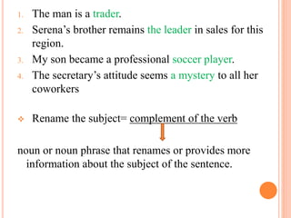 1. The man is a trader.
2. Serena’s brother remains the leader in sales for this
region.
3. My son became a professional soccer player.
4. The secretary’s attitude seems a mystery to all her
coworkers
 Rename the subject= complement of the verb
noun or noun phrase that renames or provides more
information about the subject of the sentence.
 