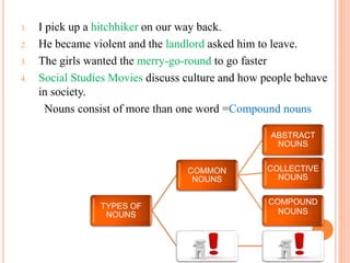 1. I pick up a hitchhiker on our way back.
2. He became violent and the landlord asked him to leave.
3. The girls wanted the merry-go-round to go faster
4. Social Studies Movies discuss culture and how people behave
in society.
Nouns consist of more than one word =Compound nouns
TYPES OF
NOUNS
COMMON
NOUNS
ABSTRACT
NOUNS
COLLECTIVE
NOUNS
COMPOUND
NOUNS
 