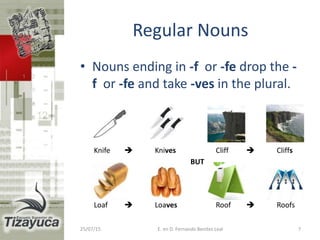 Regular Nouns
• Nouns ending in -f or -fe drop the -
f or -fe and take -ves in the plural.
25/07/15 E. en D. Fernando Benitez Leal 7
BUT
Knife  Knives Cliff  Cliffs
Loaf  Loaves Roof  Roofs
 