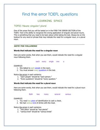 Plural Error Examples Nouns singular-plural | PDF
