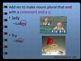 Add ies to make nouns plural that end
with a consonant and a y:
• lady
–Ladies
• fry
–fries
Walsh Publishing Co. 2009
 